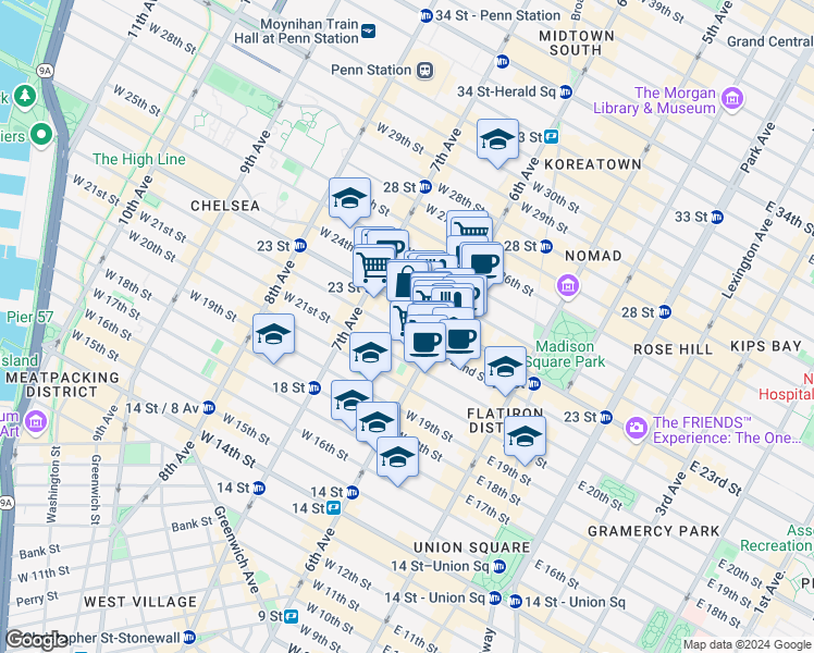 map of restaurants, bars, coffee shops, grocery stores, and more near in New York