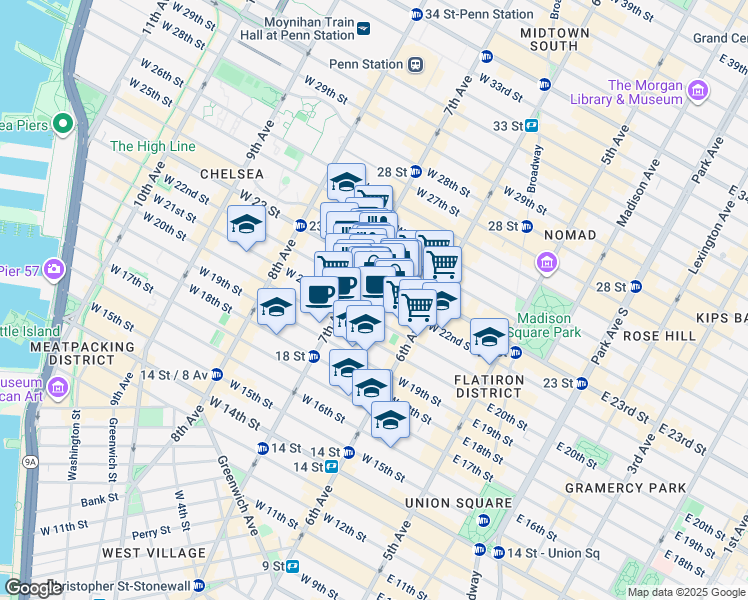 map of restaurants, bars, coffee shops, grocery stores, and more near 147 West 22nd Street in New York