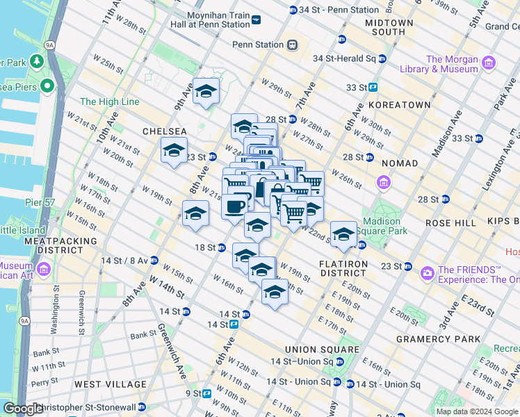 map of restaurants, bars, coffee shops, grocery stores, and more near 147 West 22nd Street in New York