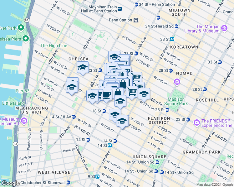 map of restaurants, bars, coffee shops, grocery stores, and more near 177 7th Avenue in New York