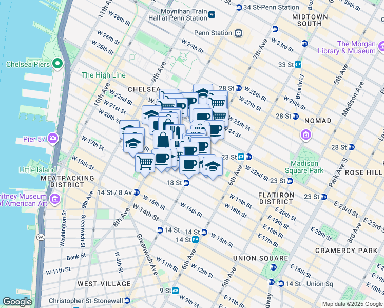map of restaurants, bars, coffee shops, grocery stores, and more near 223 West 20th Street in New York