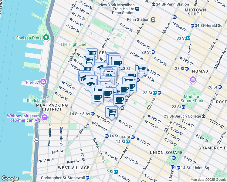 map of restaurants, bars, coffee shops, grocery stores, and more near in New York