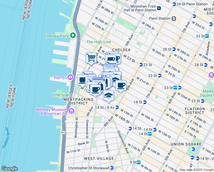 map of restaurants, bars, coffee shops, grocery stores, and more near 111 9th Avenue in New York