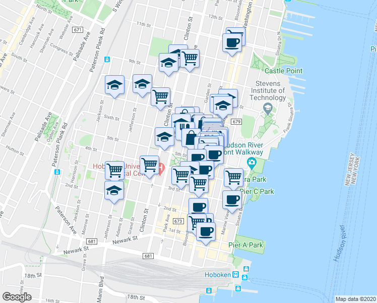 map of restaurants, bars, coffee shops, grocery stores, and more near 515 Garden Street in Hoboken