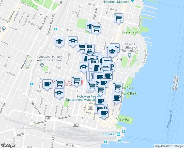 map of restaurants, bars, coffee shops, grocery stores, and more near 250 5th Street in Hoboken