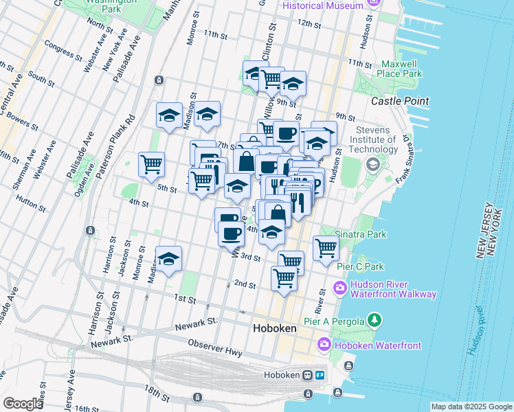 map of restaurants, bars, coffee shops, grocery stores, and more near 250 5th Street in Hoboken