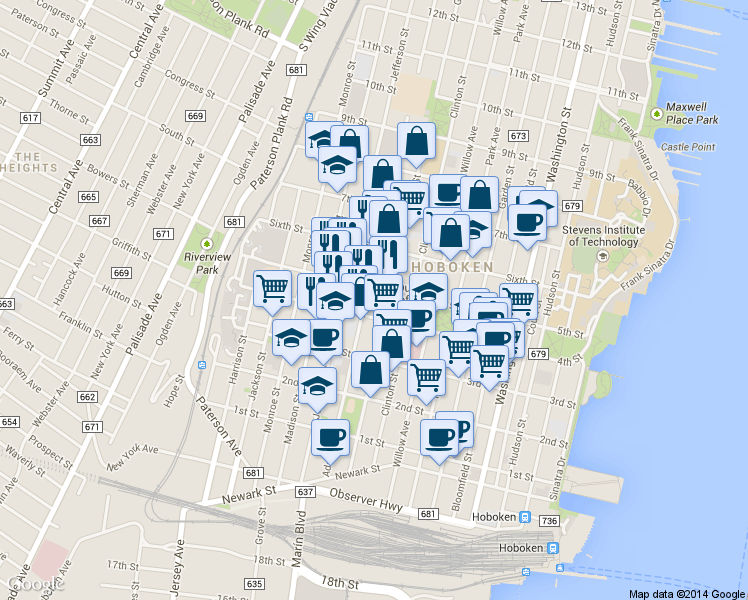 map of restaurants, bars, coffee shops, grocery stores, and more near 415 Adams Street in Hoboken