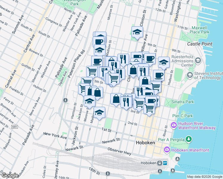 map of restaurants, bars, coffee shops, grocery stores, and more near 415 Adams Street in Hoboken