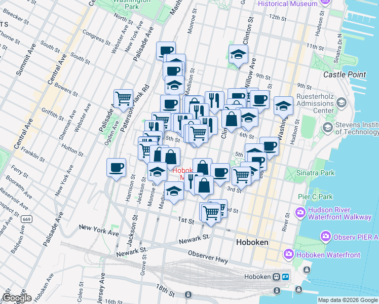map of restaurants, bars, coffee shops, grocery stores, and more near 410 Jefferson Street in Hoboken
