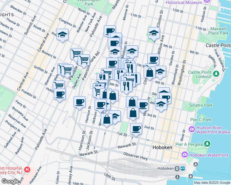 map of restaurants, bars, coffee shops, grocery stores, and more near in Hoboken