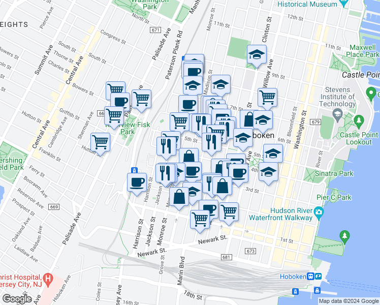 map of restaurants, bars, coffee shops, grocery stores, and more near in Hoboken