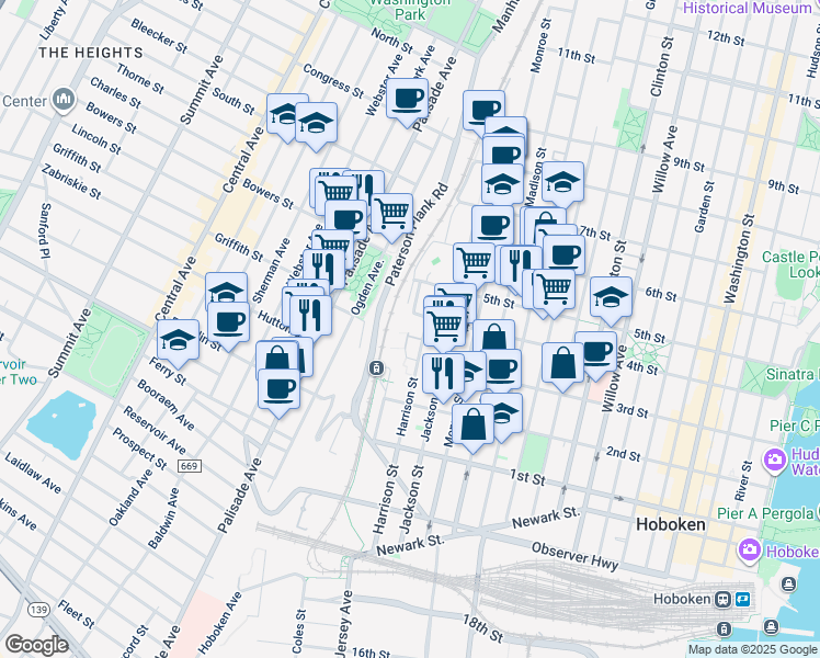 map of restaurants, bars, coffee shops, grocery stores, and more near 324 Marshall Drive in Hoboken