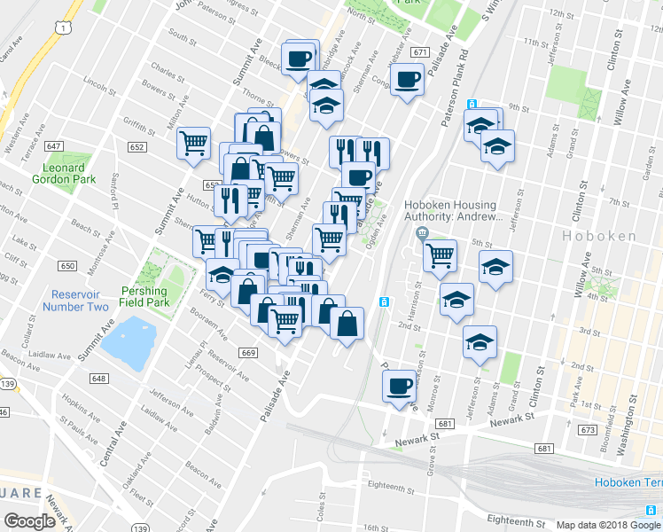 map of restaurants, bars, coffee shops, grocery stores, and more near 198 New York Avenue in Jersey City
