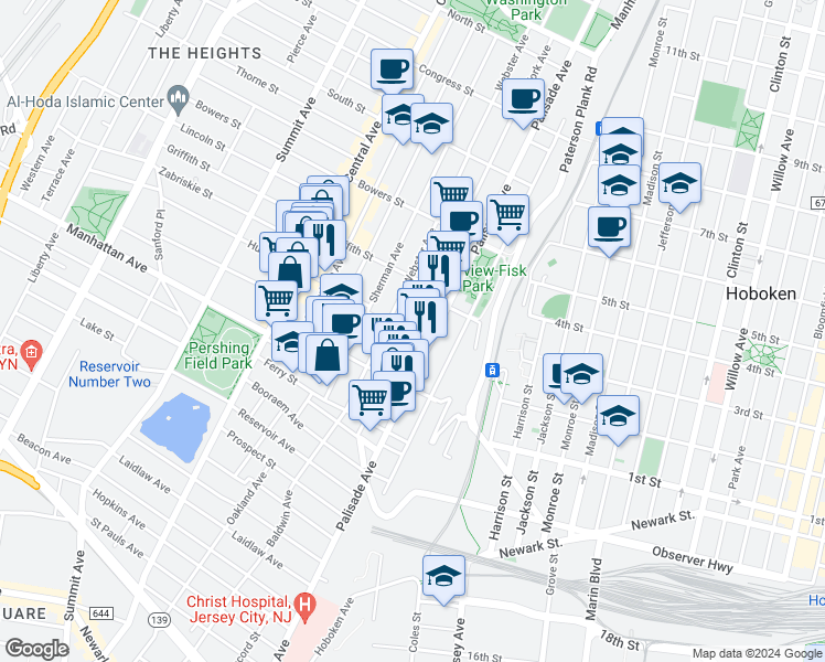 map of restaurants, bars, coffee shops, grocery stores, and more near 198 New York Avenue in Jersey City
