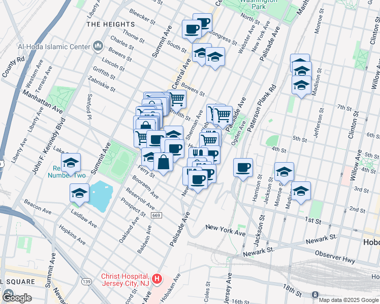 map of restaurants, bars, coffee shops, grocery stores, and more near 70 Sherman Avenue in Jersey City