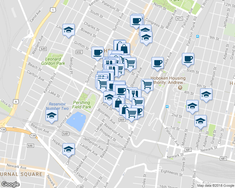 map of restaurants, bars, coffee shops, grocery stores, and more near 13 Hancock Avenue in Jersey City