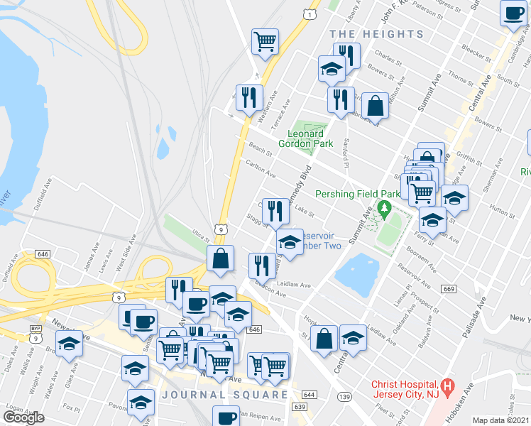map of restaurants, bars, coffee shops, grocery stores, and more near 29 Cliff Street in Jersey City
