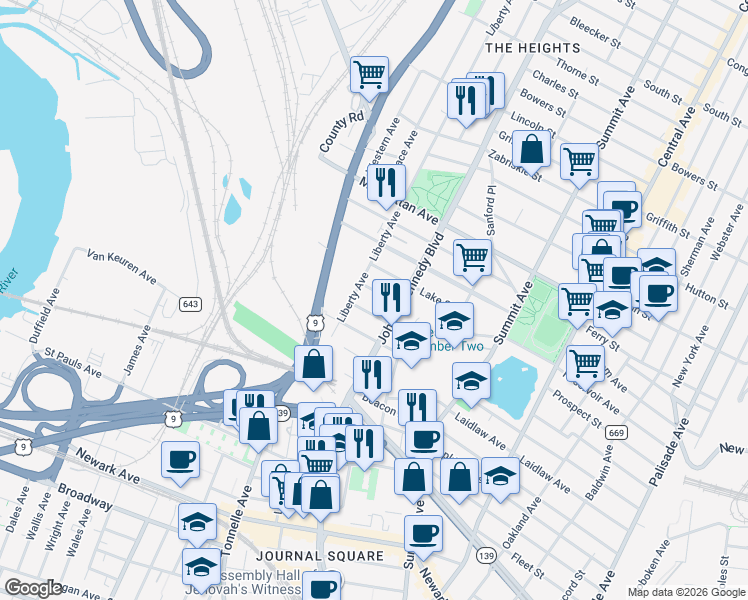map of restaurants, bars, coffee shops, grocery stores, and more near 29 Cliff Street in Jersey City