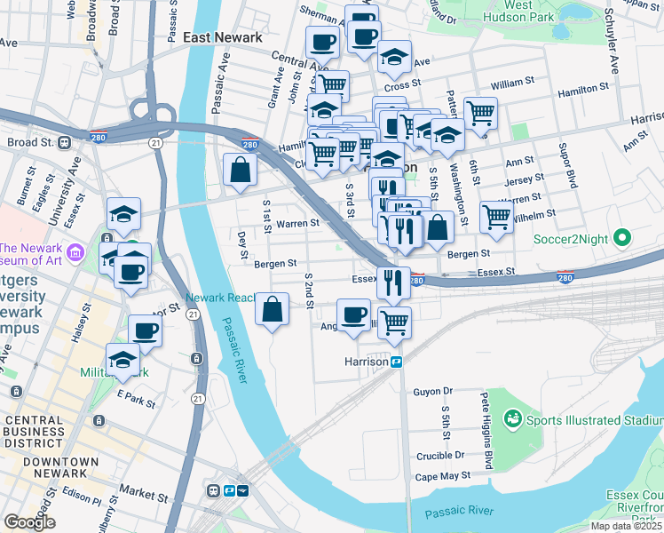 map of restaurants, bars, coffee shops, grocery stores, and more near 201 Bergen Street in Harrison