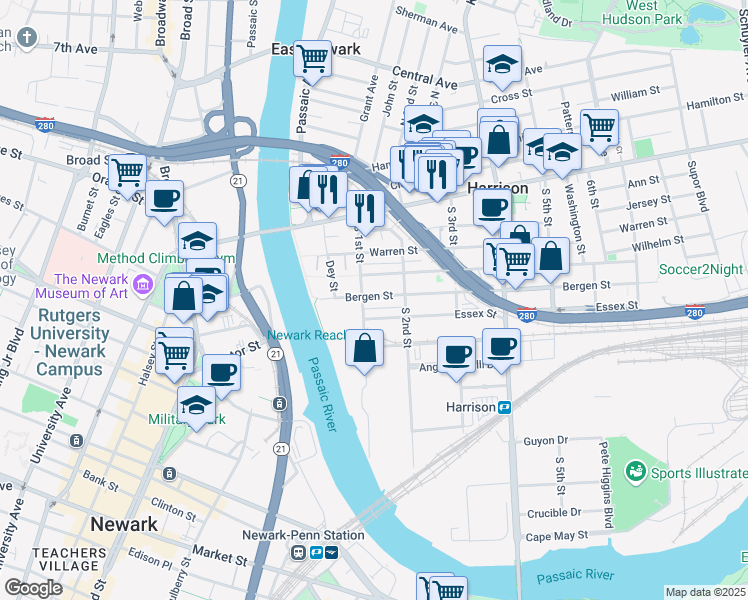 map of restaurants, bars, coffee shops, grocery stores, and more near 106 Bergen Street in Harrison