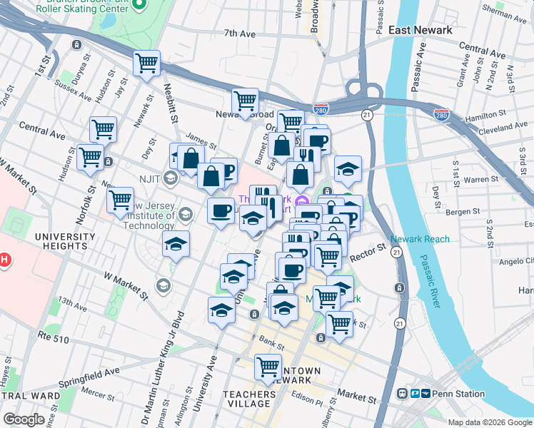 map of restaurants, bars, coffee shops, grocery stores, and more near in Newark
