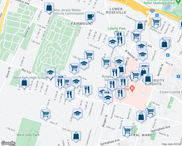 map of restaurants, bars, coffee shops, grocery stores, and more near 172 South 7th Street in Newark