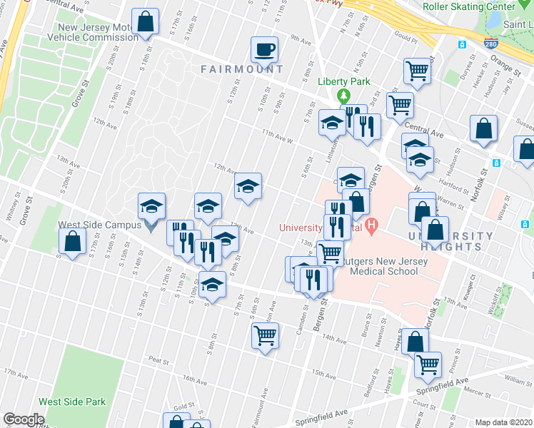 map of restaurants, bars, coffee shops, grocery stores, and more near 172 South 7th Street in Newark