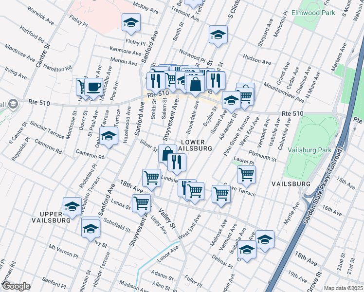 map of restaurants, bars, coffee shops, grocery stores, and more near 96 Norwood Street in Newark