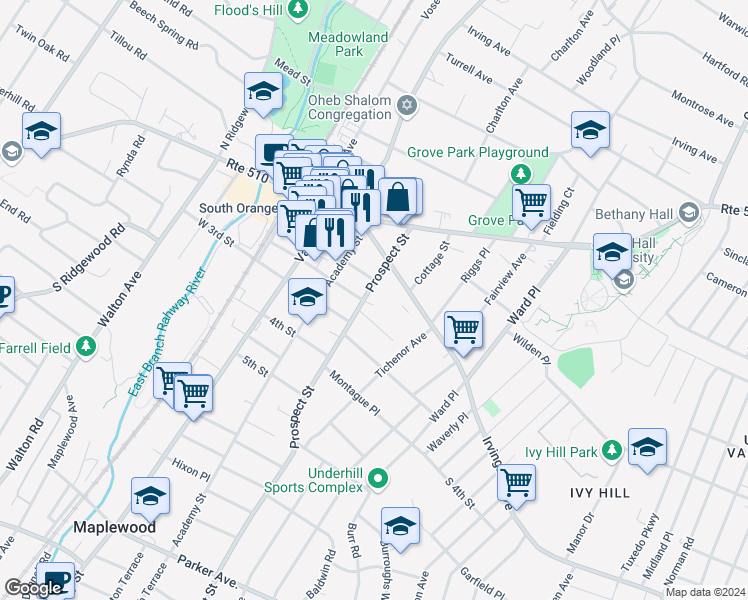 map of restaurants, bars, coffee shops, grocery stores, and more near 129 2nd Street in South Orange