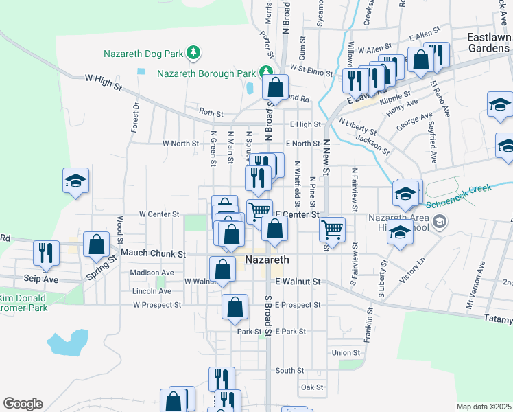 map of restaurants, bars, coffee shops, grocery stores, and more near 25 East Center Street in Nazareth