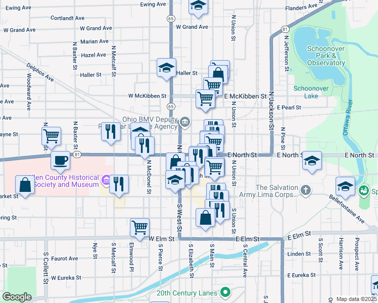 map of restaurants, bars, coffee shops, grocery stores, and more near 138 West North Street in Lima