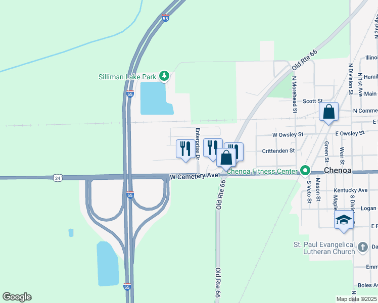 map of restaurants, bars, coffee shops, grocery stores, and more near 505 Hoselton Drive in Chenoa