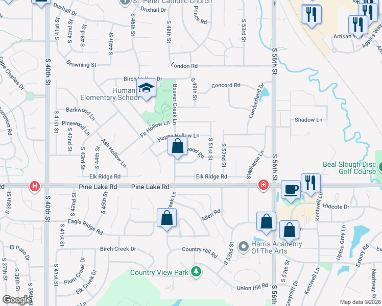 map of restaurants, bars, coffee shops, grocery stores, and more near 4911 Larkwood Road in Lincoln