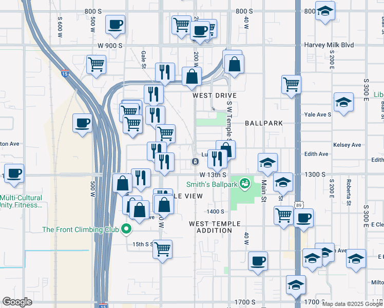 map of restaurants, bars, coffee shops, grocery stores, and more near 208 Lucy Avenue in Salt Lake City