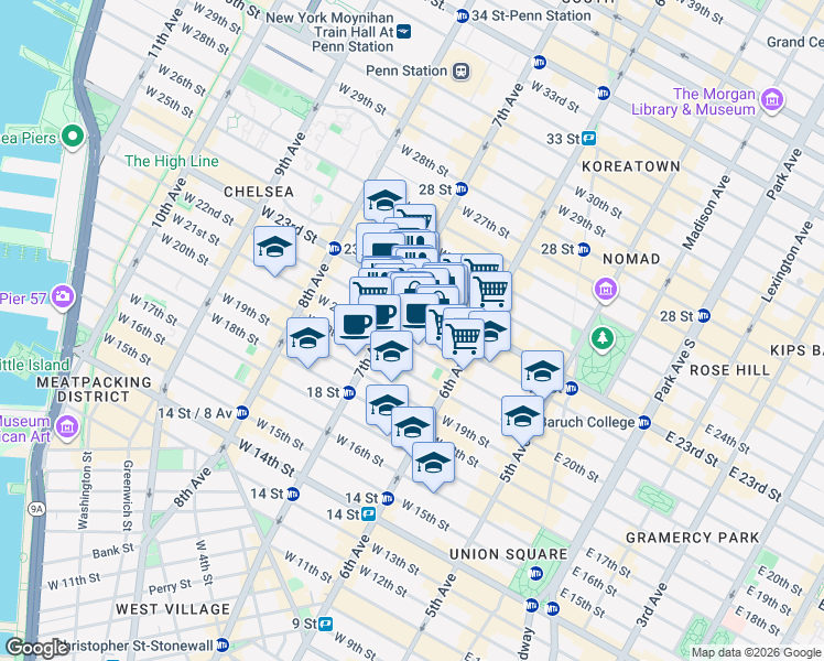 map of restaurants, bars, coffee shops, grocery stores, and more near 147 West 22nd Street in New York
