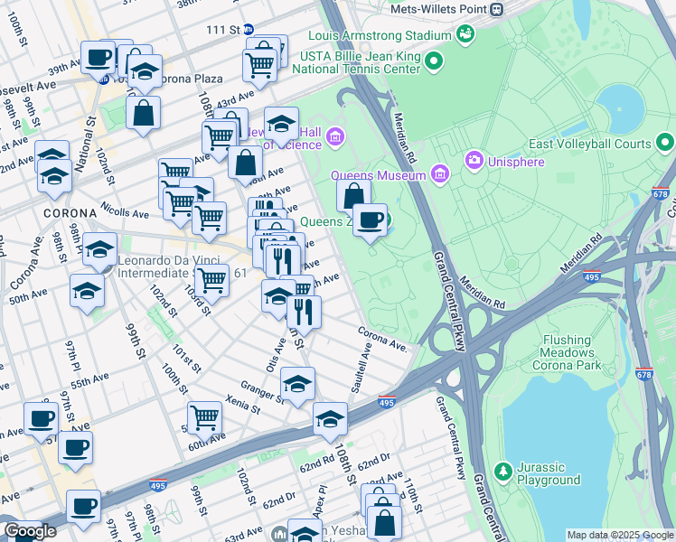 map of restaurants, bars, coffee shops, grocery stores, and more near 109-63 54th Avenue in Queens