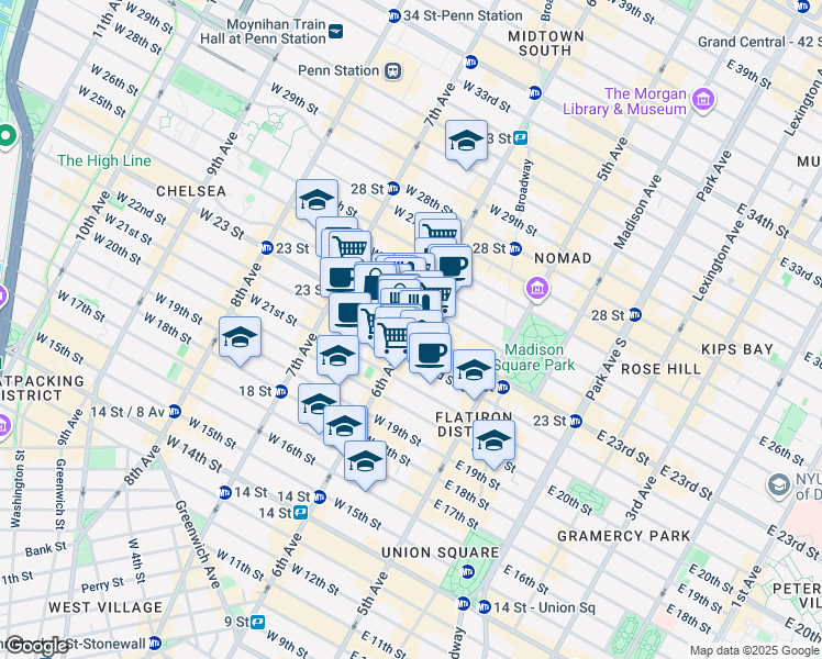 map of restaurants, bars, coffee shops, grocery stores, and more near 6th Avenue in New York