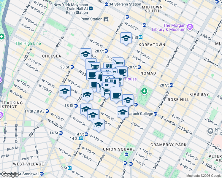 map of restaurants, bars, coffee shops, grocery stores, and more near 6th Avenue in New York