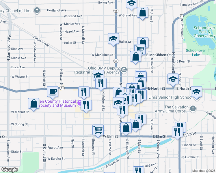 map of restaurants, bars, coffee shops, grocery stores, and more near 400 West North Street in Lima