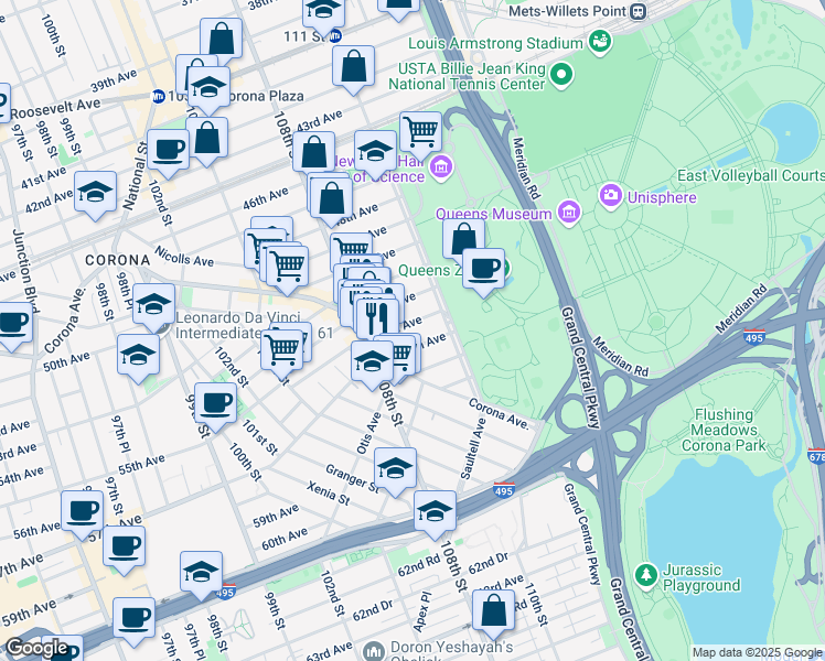 map of restaurants, bars, coffee shops, grocery stores, and more near 108-50 53rd Avenue in Queens