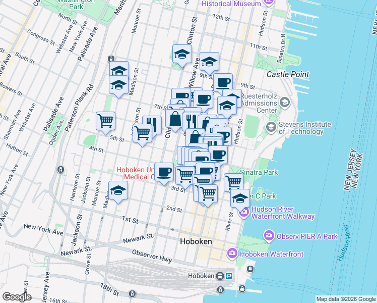 map of restaurants, bars, coffee shops, grocery stores, and more near 250 5th Street in Hoboken