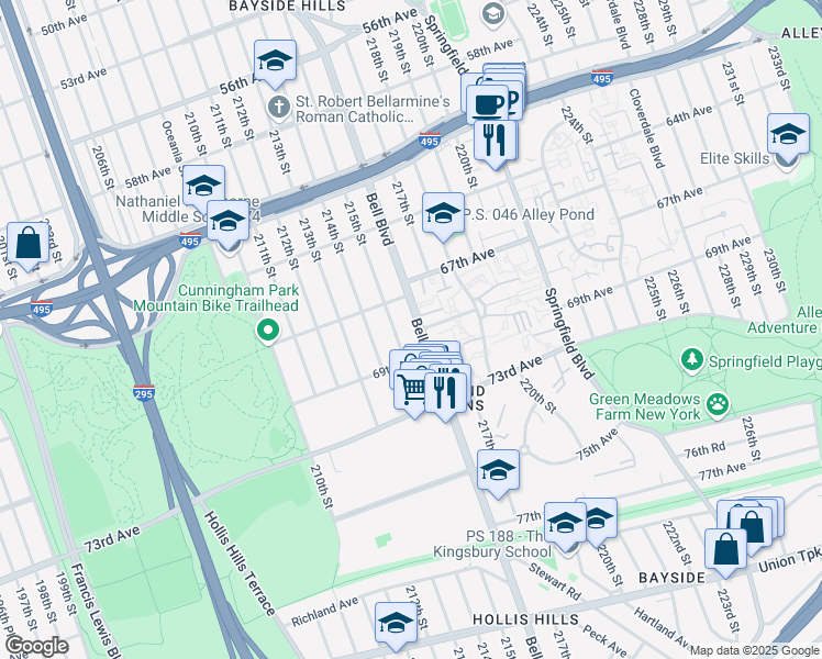 map of restaurants, bars, coffee shops, grocery stores, and more near 67-30 Bell Boulevard in Queens