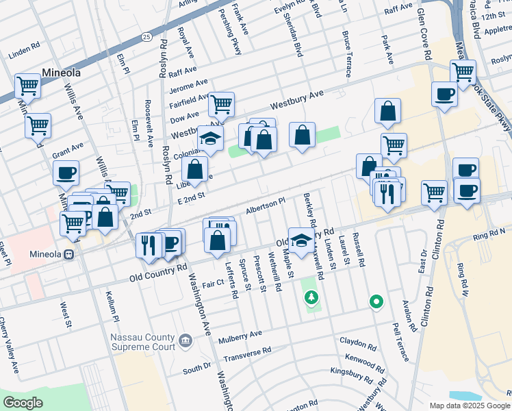 map of restaurants, bars, coffee shops, grocery stores, and more near 142 Albertson Place in Mineola