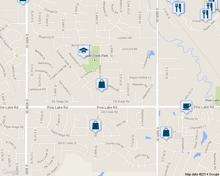 map of restaurants, bars, coffee shops, grocery stores, and more near 4911 Larkwood Road in Lincoln