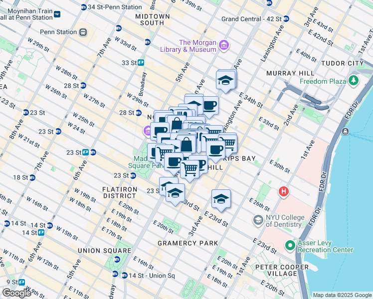 map of restaurants, bars, coffee shops, grocery stores, and more near Park Avenue South in New York