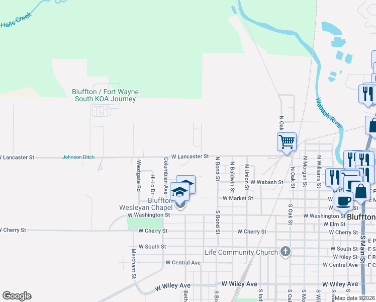 map of restaurants, bars, coffee shops, grocery stores, and more near 1239 West Lancaster Street in Bluffton