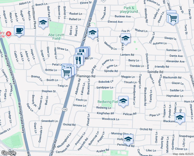 map of restaurants, bars, coffee shops, grocery stores, and more near 50 Flamingo Road in Levittown