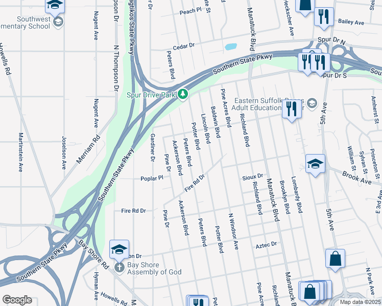 map of restaurants, bars, coffee shops, grocery stores, and more near 1437 Peters Boulevard in Bay Shore