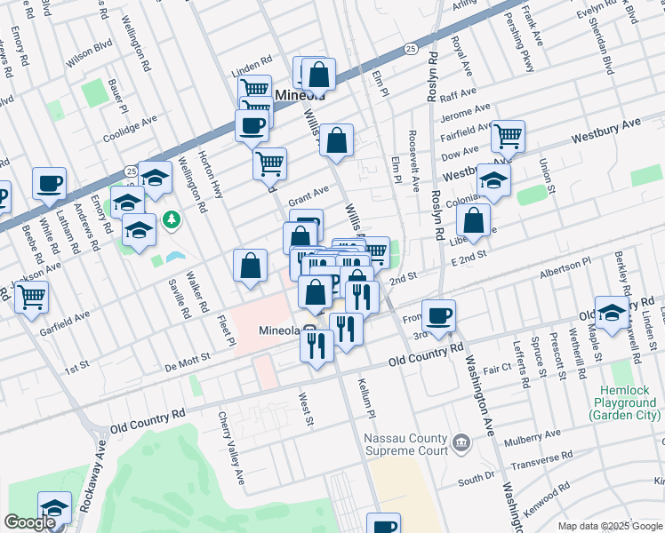 map of restaurants, bars, coffee shops, grocery stores, and more near 139 Main Street in Mineola