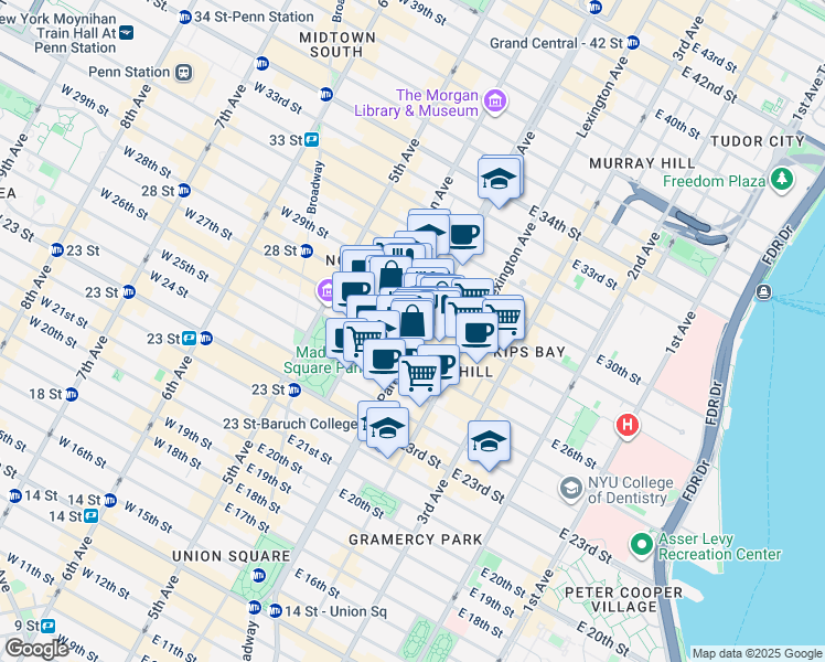 map of restaurants, bars, coffee shops, grocery stores, and more near Park Avenue South in New York
